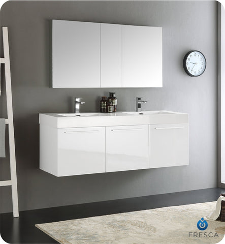 Fresca Vista 60" White Wall Hung Double Sink Modern Vanity w/ Medicine Cabinet