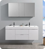 Fresca Valencia 60" Glossy White Wall Double Sink Vanity w/ Medicine Cabinet