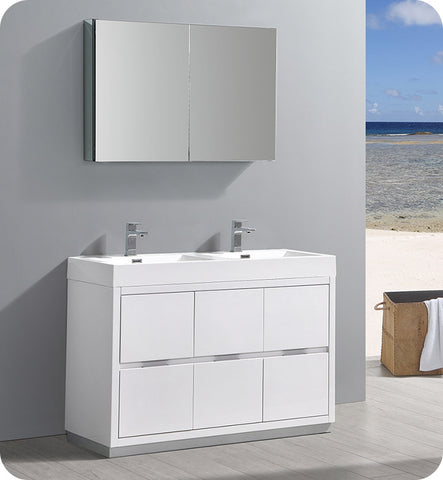 Fresca Valencia 48" Glossy White Standing Double Sink Vanity w/ Medicine Cabinet