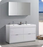 Fresca Valencia 60" Glossy White Standing Double Sink Vanity w/ Medicine Cabinet