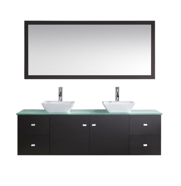 Virtu USA Clarissa 72" Double Bathroom Vanity w/ Glass Top, Sink, Faucet, Mirror