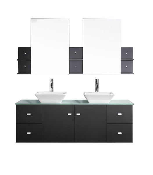 Virtu USA Clarissa 61" Double Bathroom Vanity w/ Glass Top, Sink, Faucet, Mirror