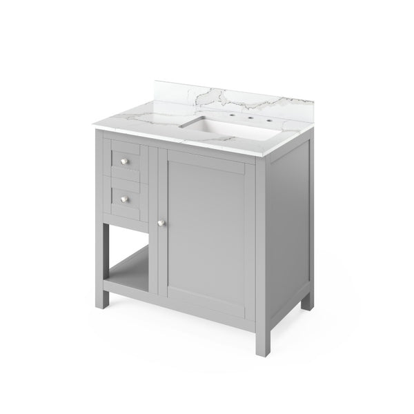 Jeffrey Alexander Astoria Transitional 36" Grey Single Sink Vanity With Quartz Top, Right Offset | VKITAST36GRCQR