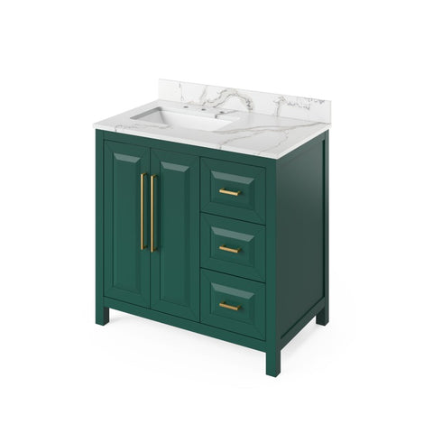 Jeffrey Alexander Cade Modern 36" Forest Green Single Sink Vanity With Quartz Top, Left Offset | VKITCAD36GNCQR