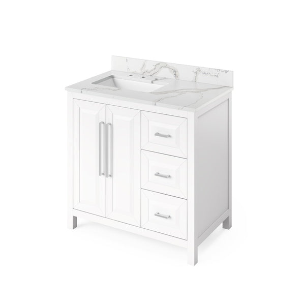 Jeffrey Alexander Cade Modern 36" White Single Sink Vanity With Quartz Top, Left Offset | VKITCAD36WHCQR