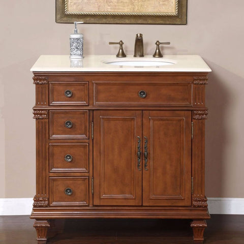 Silkroad Exclusive 36" Vermont Maple Single Sink Cabinet with Marble Top - HYP-0210-CM-UWC-36-R - Bath Vanity Plus
