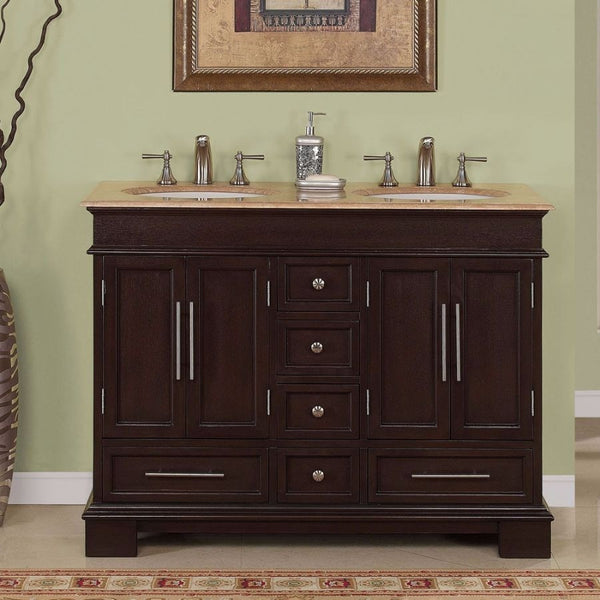 Silkroad Exclusive 48" Dark Walnut Double Sink Cabinet with Travertine Top - HYP-0224-T-UWC-48 - Bath Vanity Plus