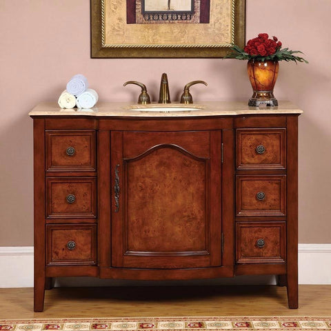 Silkroad Exclusive 48" Victorian Red Oak Single Sink Cabinet with Travertine Top - HYP-0701-T-UIC-48 - Bath Vanity Plus