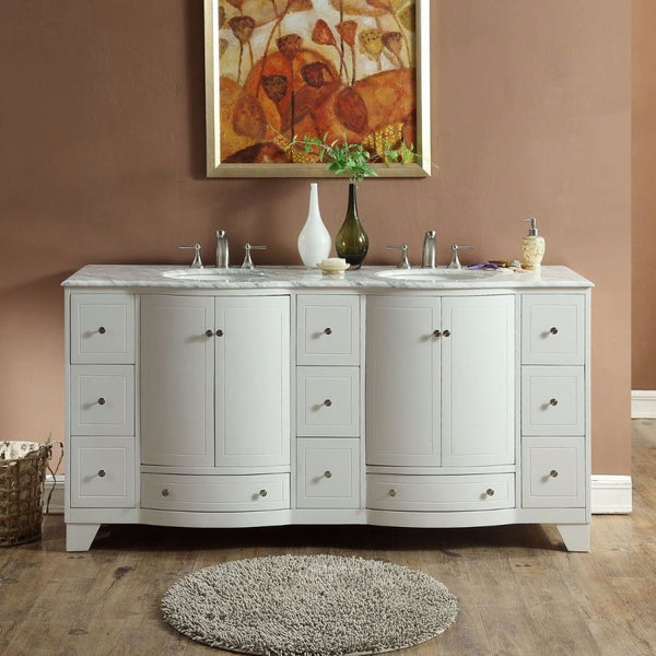 Silkroad Exclusive 72" White Oak Double Sink Cabinet with Carrara Marble Top - V0292WW72D - Bath Vanity Plus